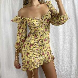Linjia Shop Yellow Floral Ruched Mini Dress - Cottagecore Fairycore Size S